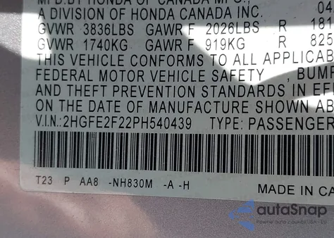 2023 Honda Civic Lx from USA, damaged, VIN 2HGFE2F22PH540439
